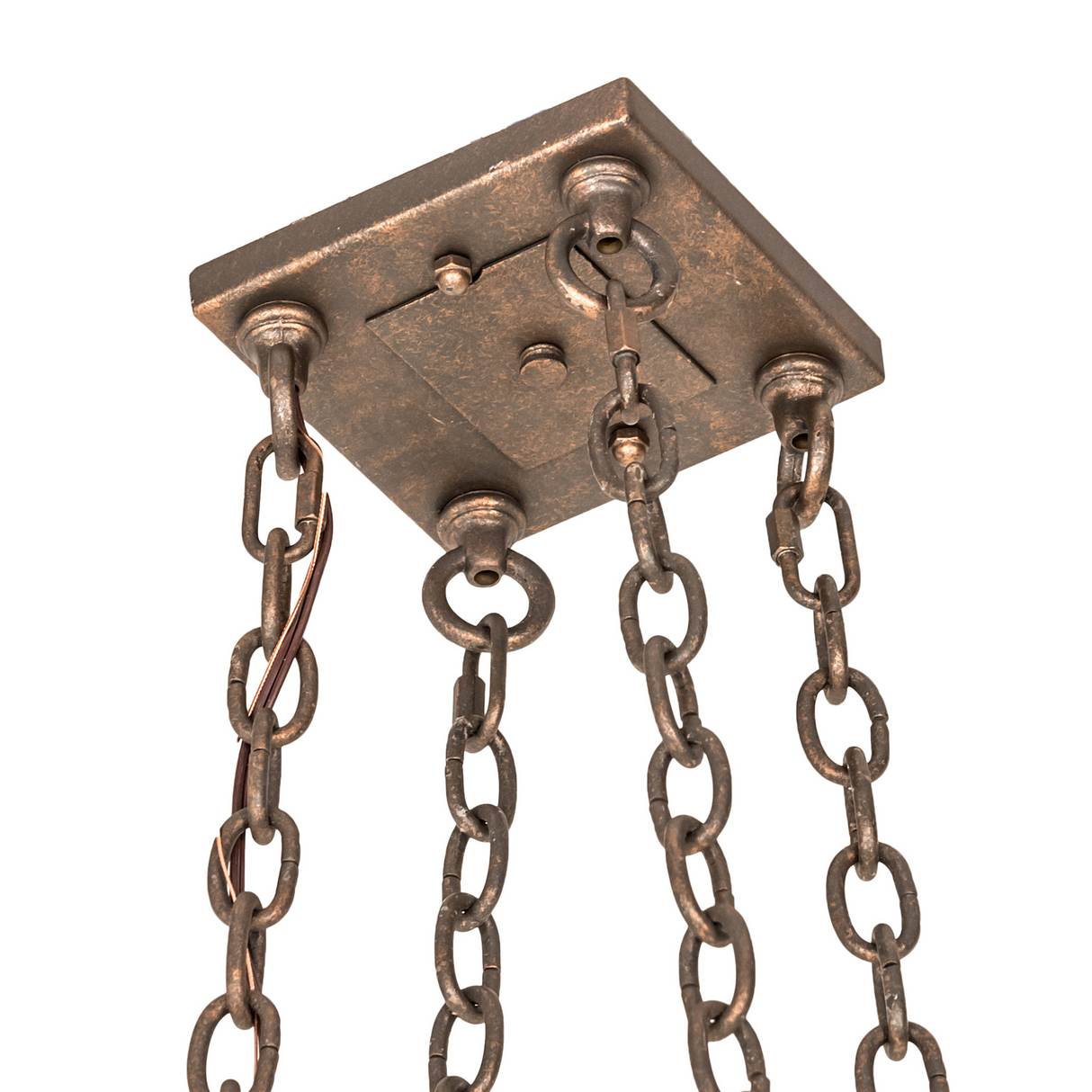 Close-up of rectangular canopy and hanging chains of Vineyard 8 Light Pot Rack.