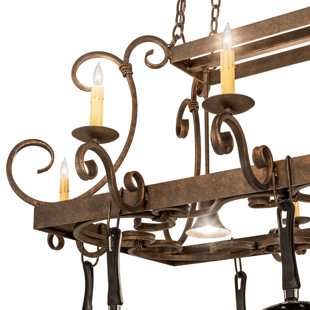 Close-up of scroll detail and candlelights on Vineyard Pot Rack.