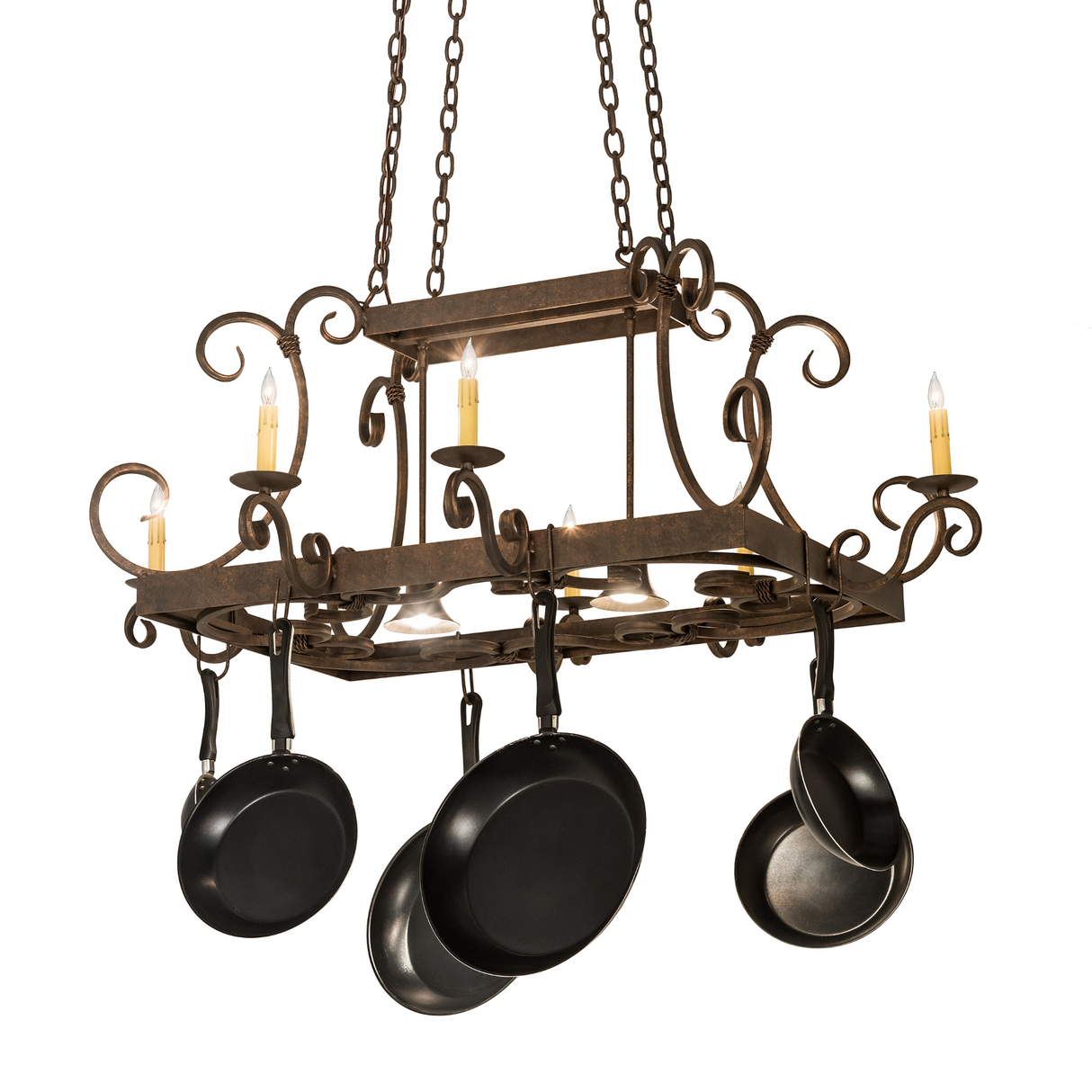 27" Vineyard 8 Light Pot Rack front view with pans.