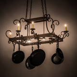 27" Vineyard 8 Light Pot Rack glowing lit view.