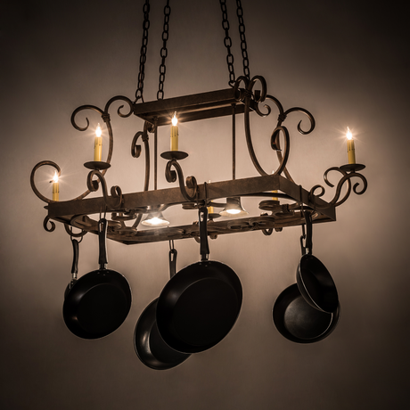 27" Vineyard 8 Light Pot Rack glowing lit view.