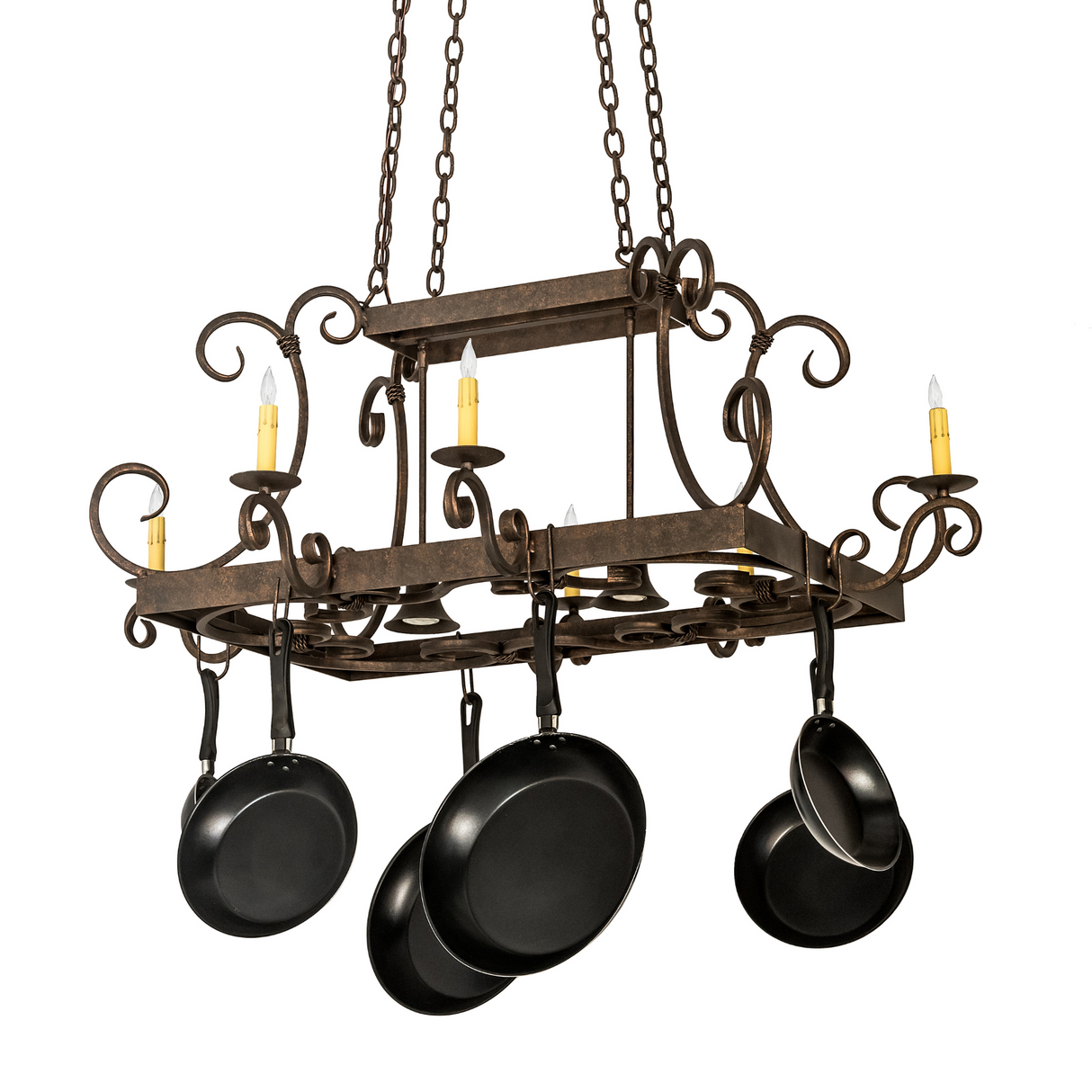 Side angle of Vineyard 8 Light Pot Rack chandelier.