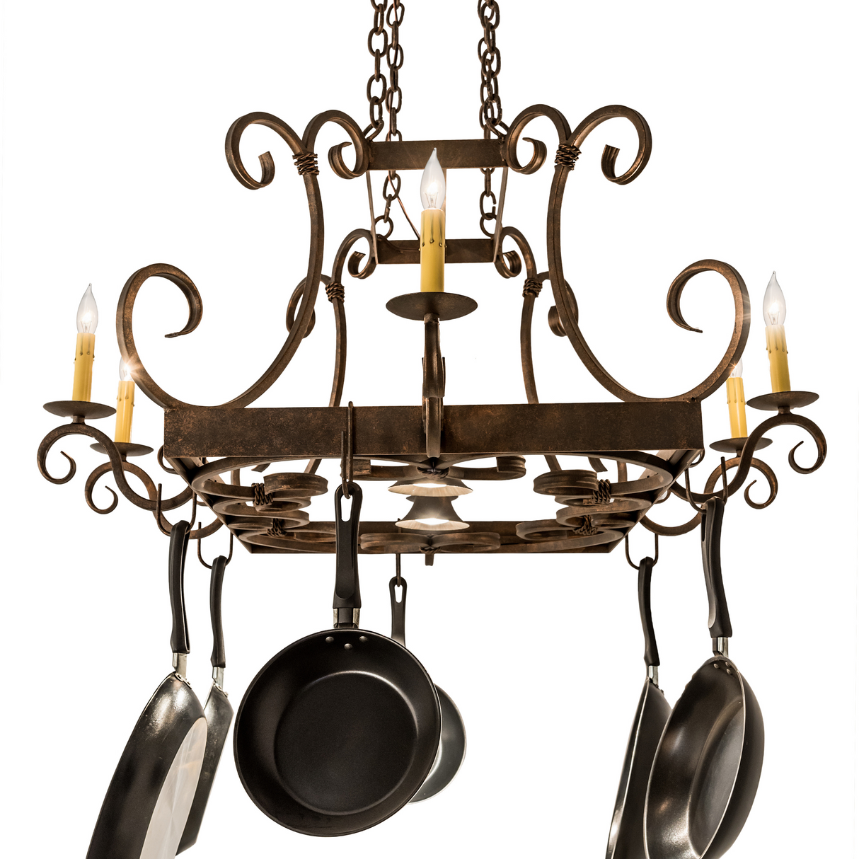 Side perspective of Vineyard 8 Light Pot Rack chandelier.
