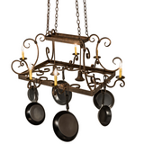 Top angled view of Vineyard 8 Light Pot Rack with pans.