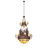 Full view of the Walden Pine 2-tier chandelier showcasing tree accents and amber dome.