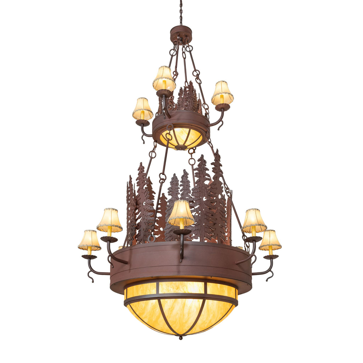 Lit view showcasing the Walden Pine 2-Tier chandelier design.