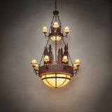 Walden Pine chandelier illuminated in a staged room setting highlighting warm glow.