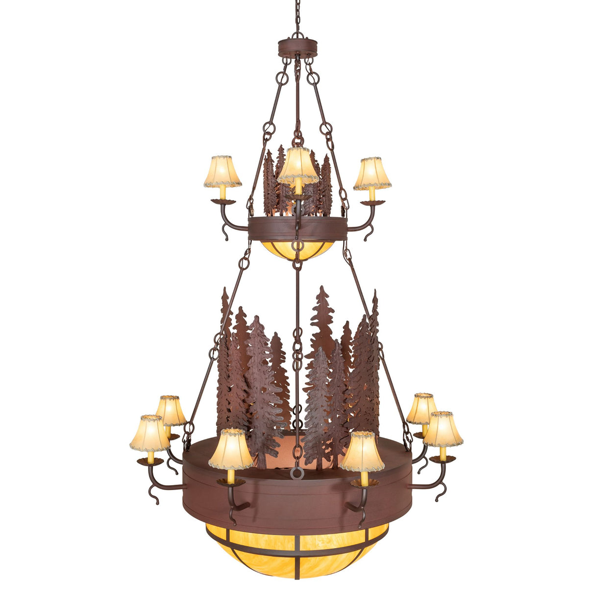 Side angled view highlighting the upper and lower lighting tiers and rustic structure.