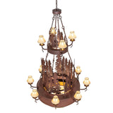 Top angled view displaying the chandelier’s twin-tier frame and pine detailing.
