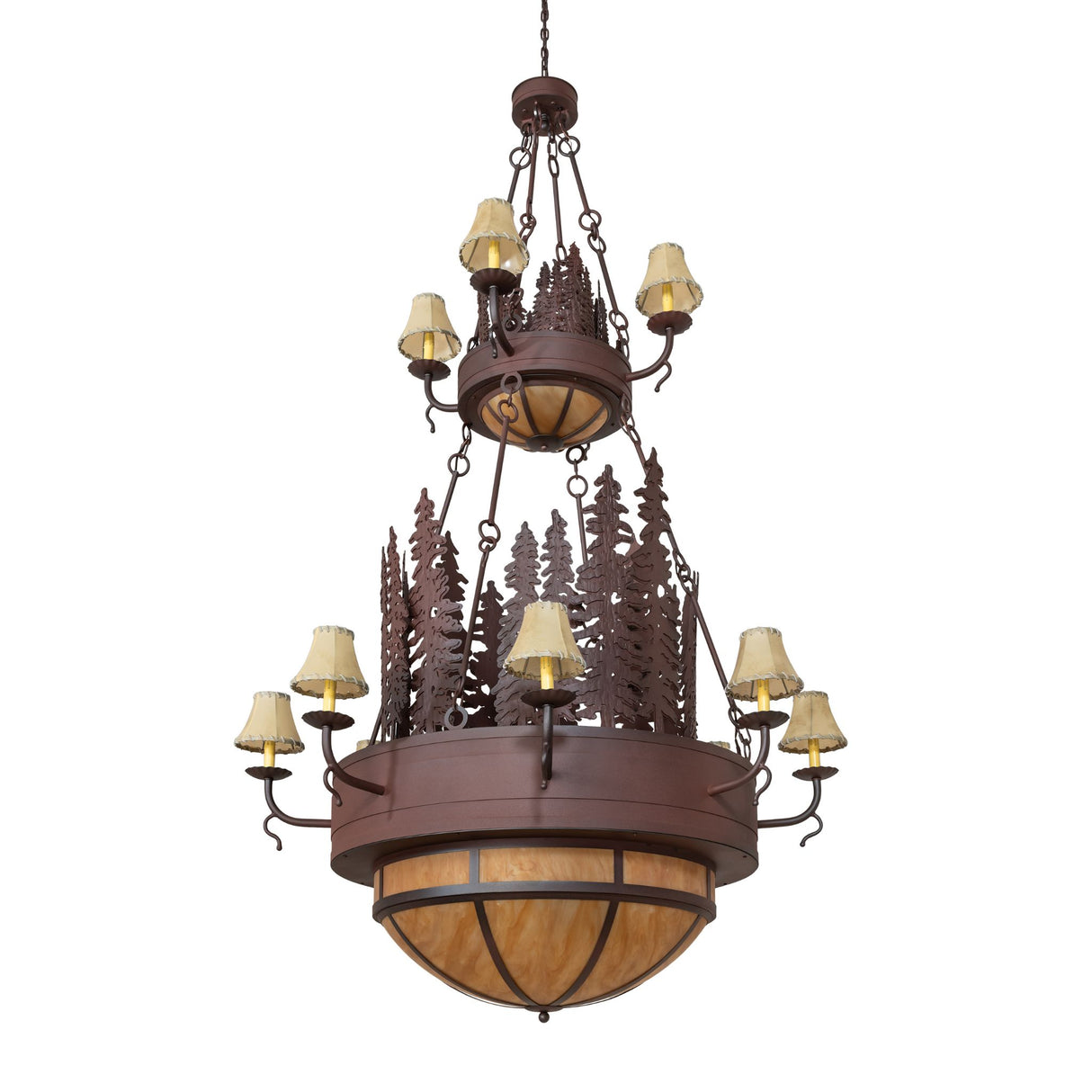 Unlit view of the Pine 2-tier chandelier displaying its pine tree metalwork and tiered frame.