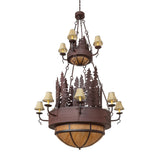 Unlit view of the Pine 2-tier chandelier displaying its pine tree metalwork and tiered frame.