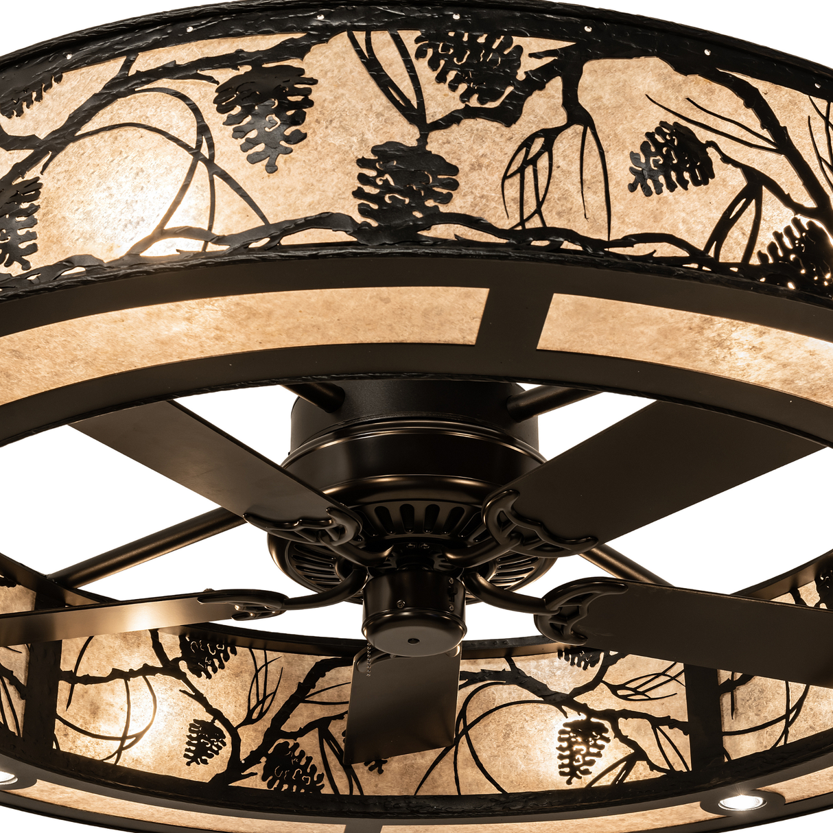 Bottom angled lit view of two-tier Whispering Pines Chandel-Air with glowing mica shades.