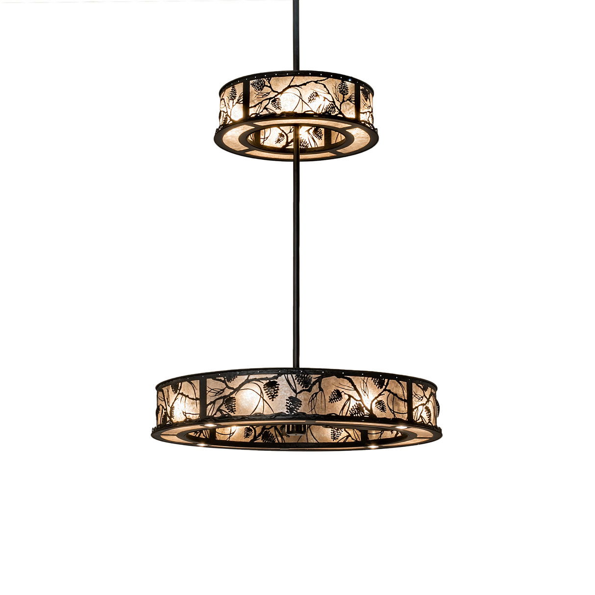 Front view of Whispering Pines 2-Tier Chandel-Air with lit mica shades.