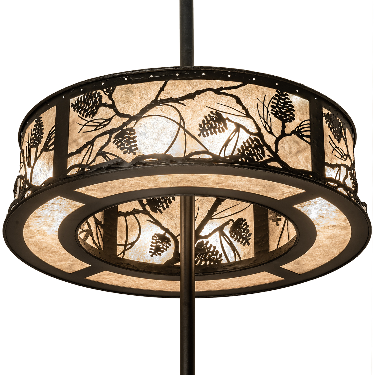 Downward angle showing illuminated mica diffuser and dual-tier lights.