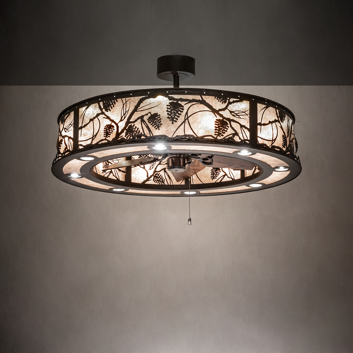 Ambient lit room view of Whispering Pines Chandel-Air highlighting soft mica illumination.