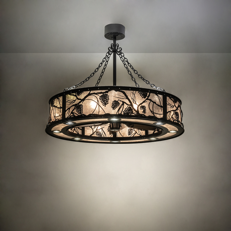 Ambient view showing warm pinecone pattern illumination in a rustic space.