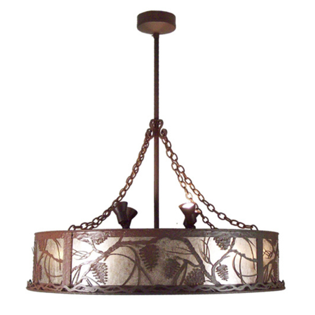 Angled front view highlighting pine branch metalwork and mica shade.