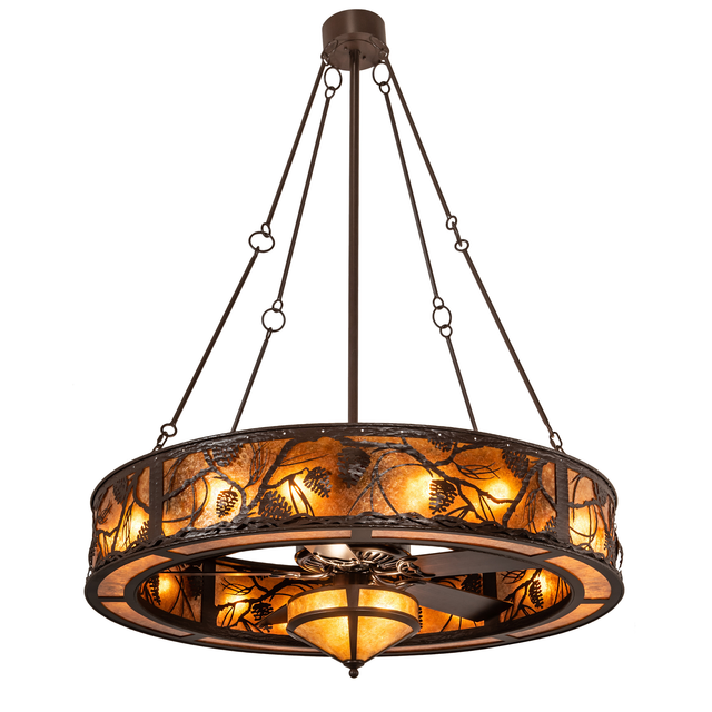 Lit angled view of Whispering Pines Chandel-Air with amber mica panels.