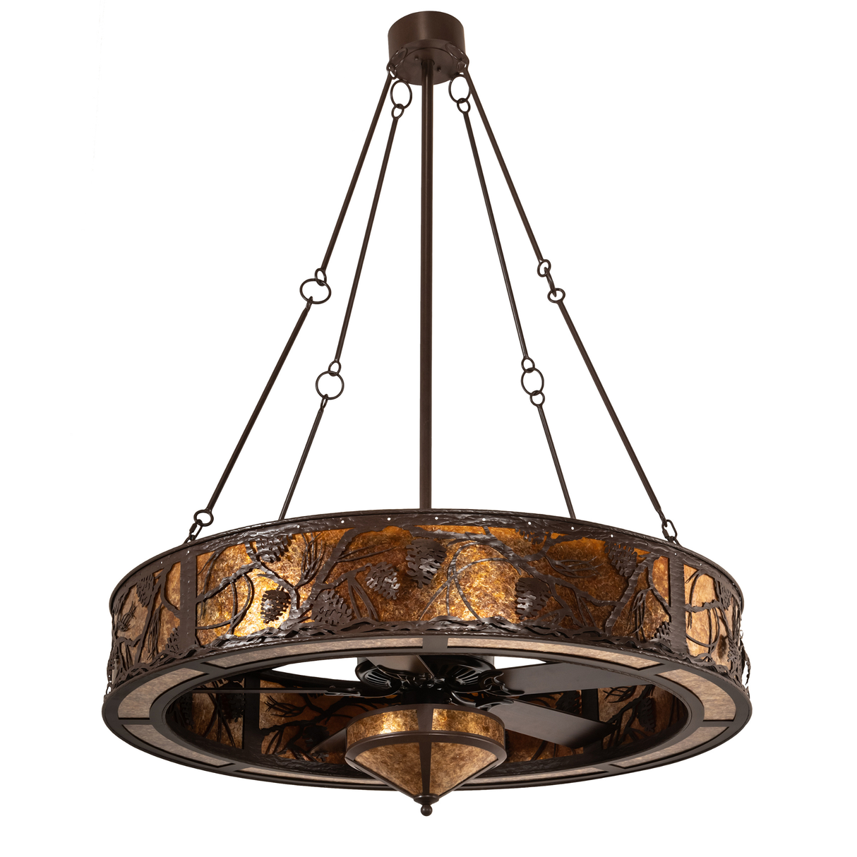 Unlit angled view showing pinecone metal art and mica shade.