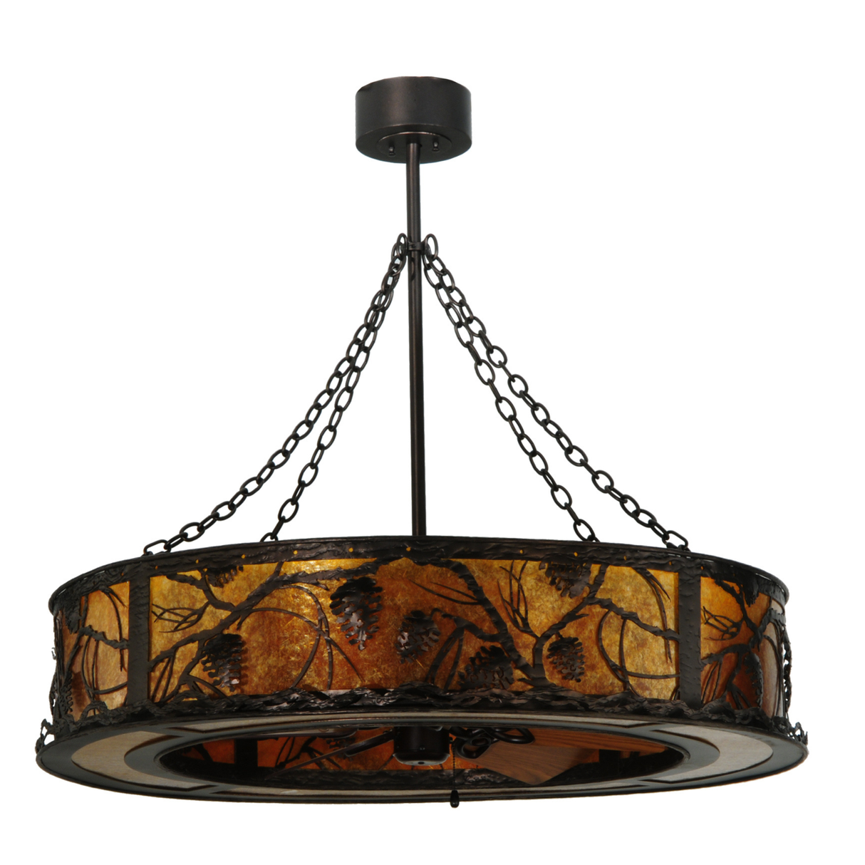 Angled view showing amber mica shade and pine branch details.