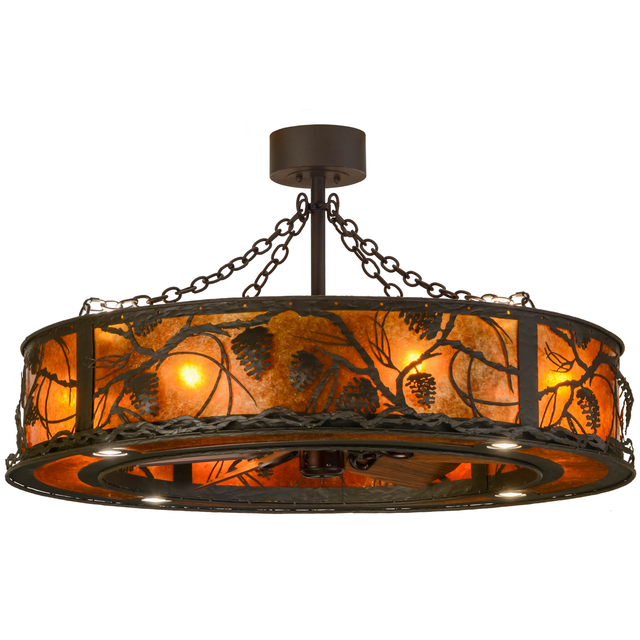 Angled lit view showing pinecone design and amber mica diffuser.