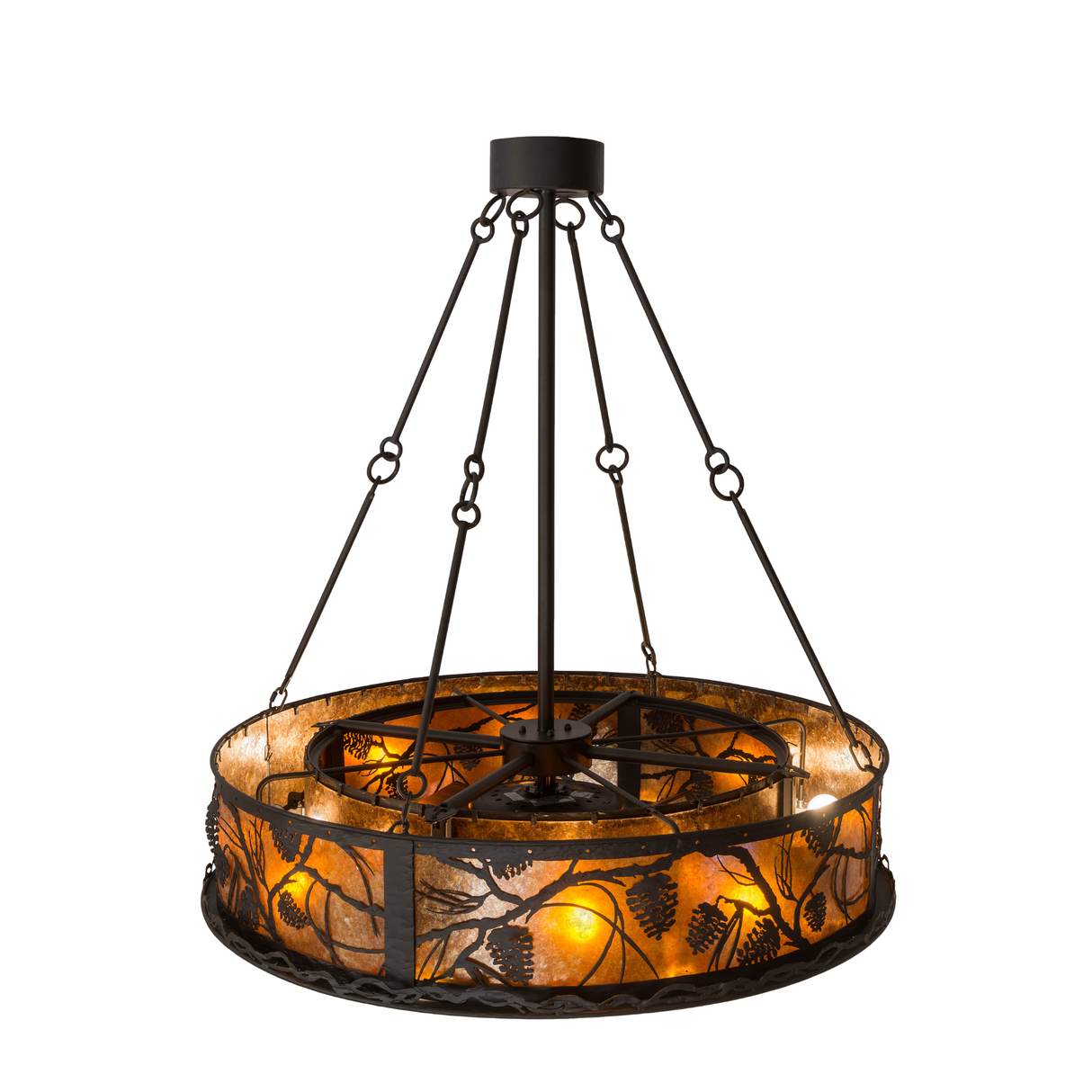 Back angled lit view showing detailed pinecone and branch cutout pattern.