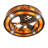 Bottom angle view of Whispering Pines chandelier with fan blades visible.