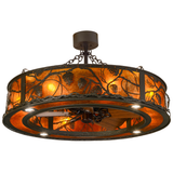 Bottom angle lit view showing fan blades and glowing amber mica shade.