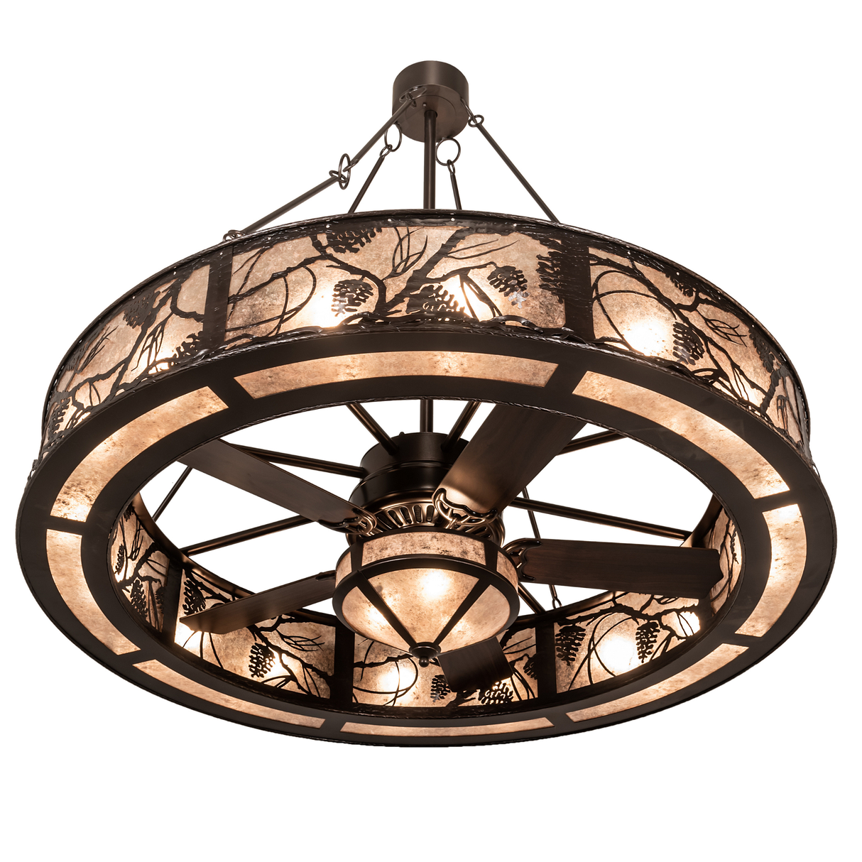 Bottom angle lit view showing fan blades framed by pine motif diffuser.