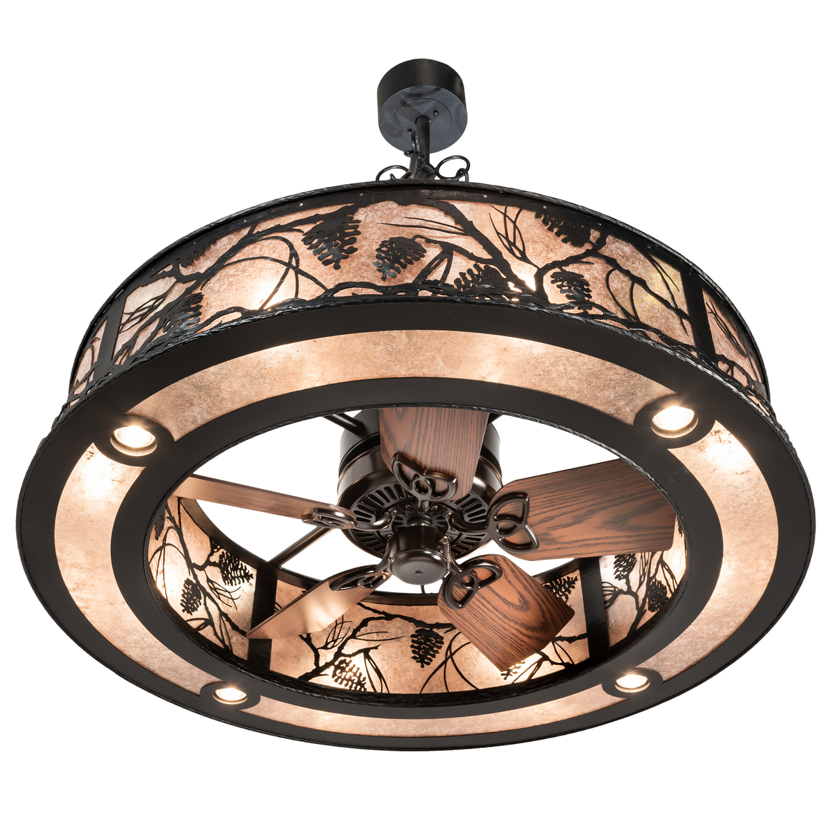 Bottom angle lit view showcasing fan blades and glowing mica panels.