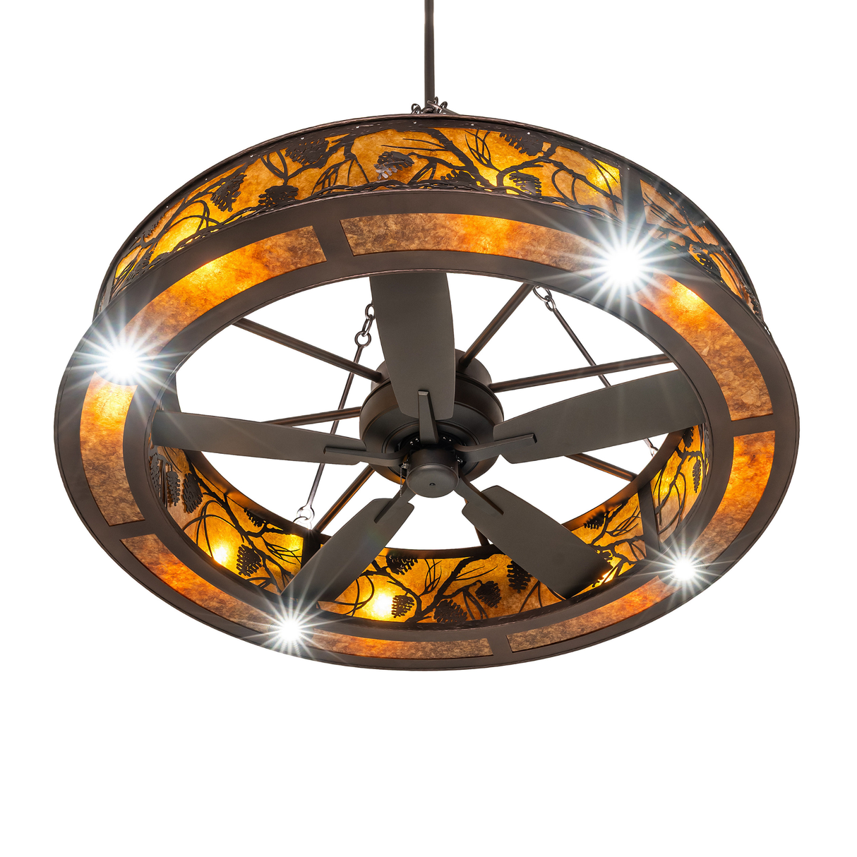 Bottom angle view highlighting fan blades and warm mica panels.