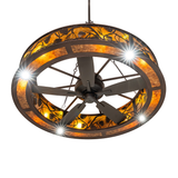 Bottom angle view highlighting fan blades and warm mica panels.