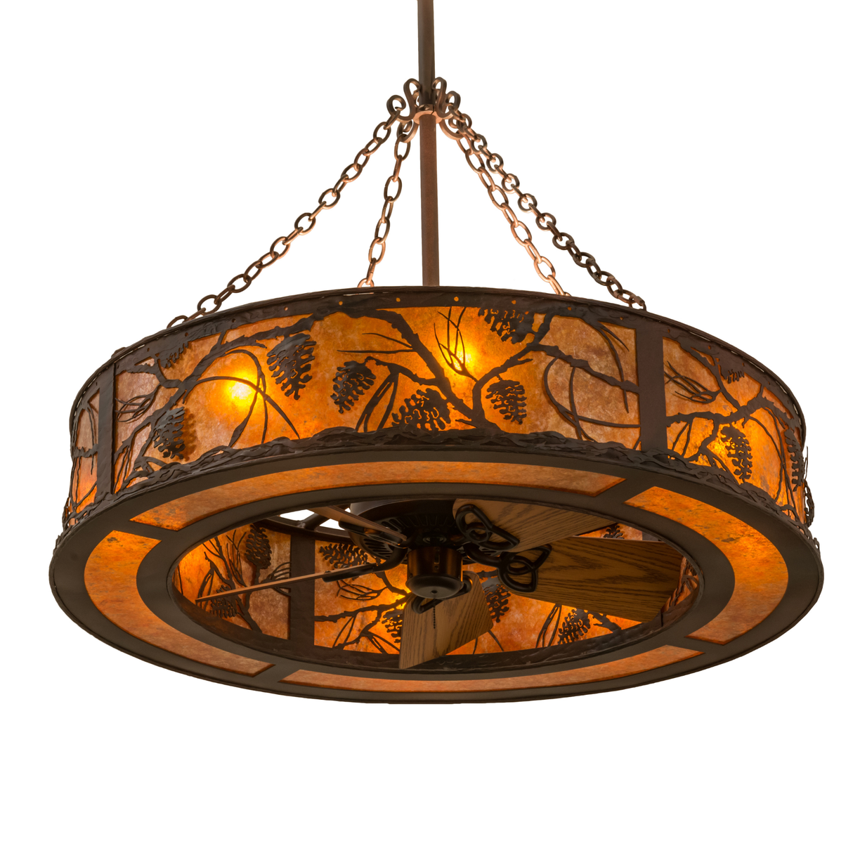 Bottom angled view of Whispering Pines Chandel-Air glowing with amber mica shade.