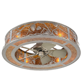 Bottom angle lit view showing integrated fan and mica glow.