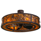 Bottom angle lit view showing fan blades and amber illumination.