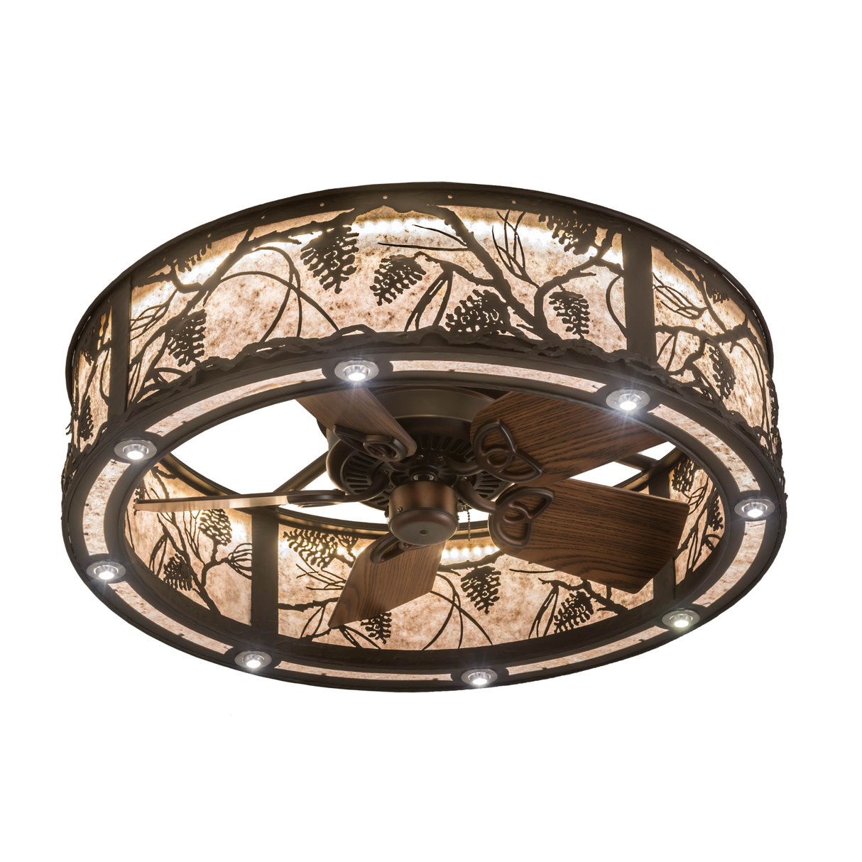 Bottom angled lit view emphasizing fan blades and circular downlights.