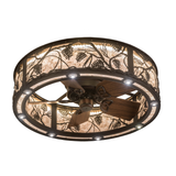 Bottom angled lit view emphasizing fan blades and circular downlights.