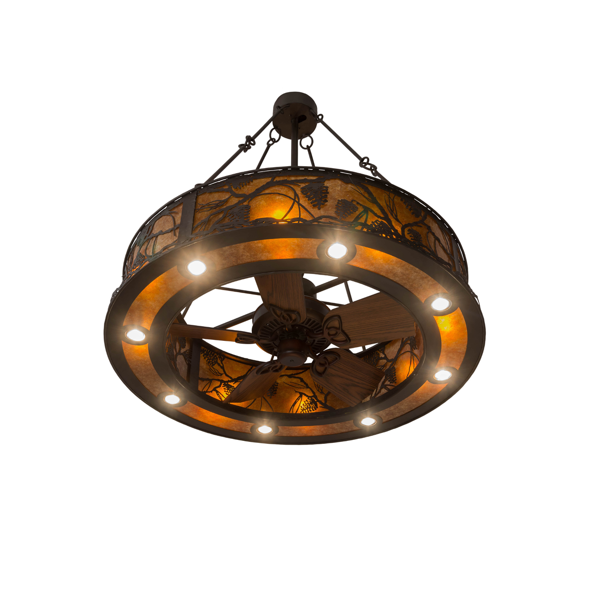 Bottom angled lit view highlighting fan blades and circular downlights.