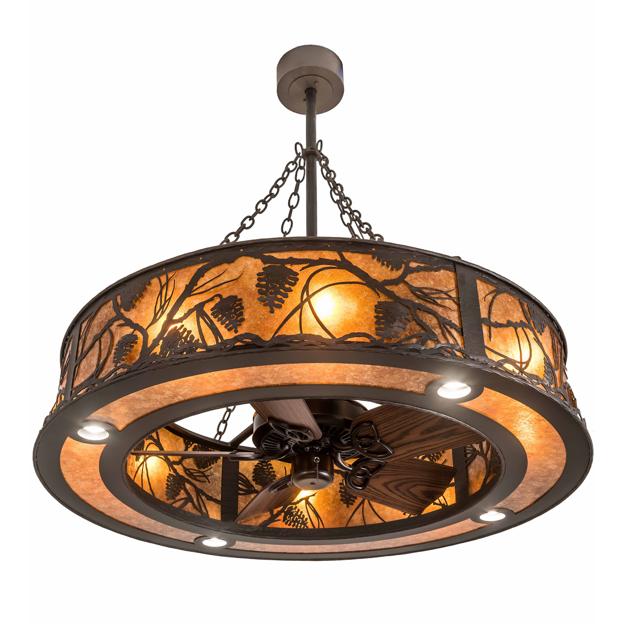 Bottom angled lit view showcasing fan blades and circular amber mica glow.