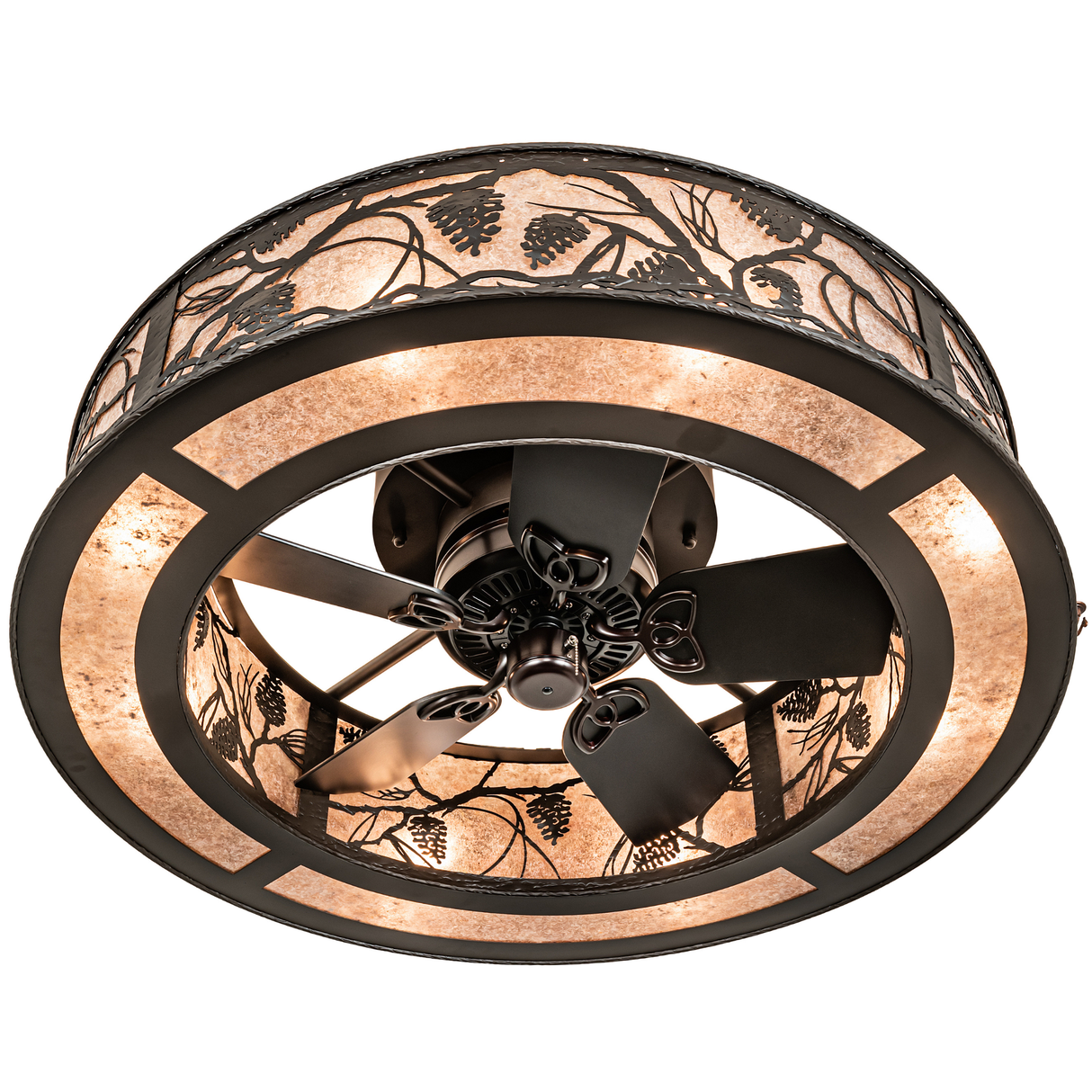 Bottom angled view of Whispering Pines Chandel-Air with fan and warm mica glow.