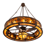 Bottom lit angle view showing integrated fan and amber diffuser.