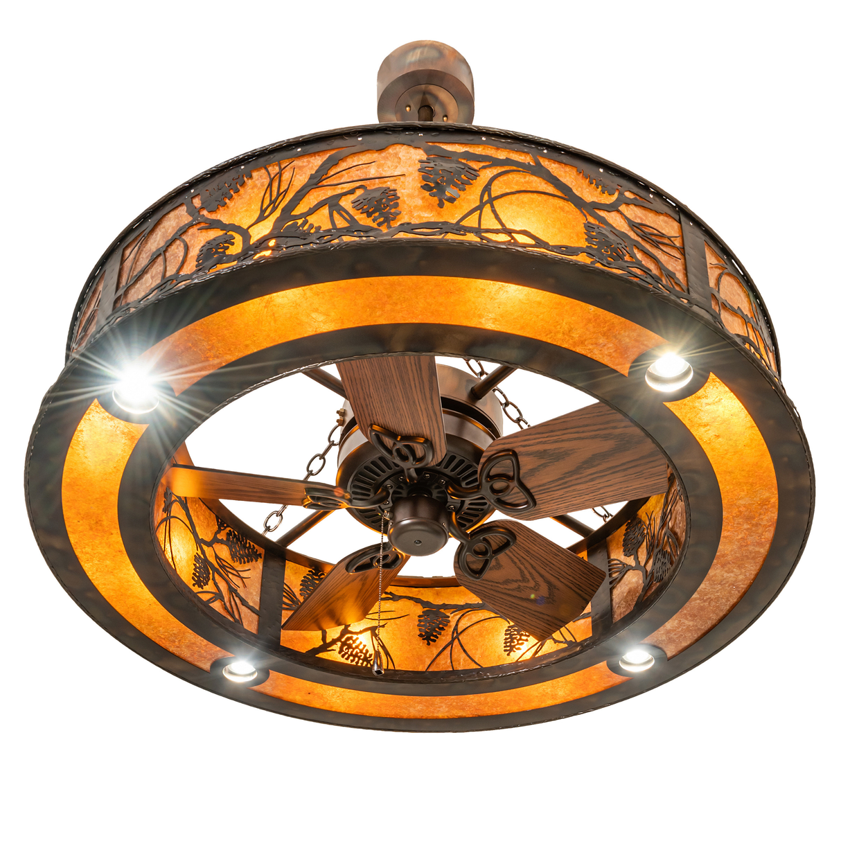 Bottom angle lit view featuring integrated fan blades and soft amber illumination.