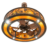 Bottom angle lit view featuring integrated fan blades and soft amber illumination.