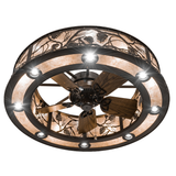 Bottom angled lit view highlighting wooden fan blades and mica illumination.