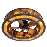 Bottom angled view highlighting fan blades and warm mica lighting.