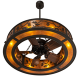 Bottom angle lit view showing integrated fan with glowing amber ring.