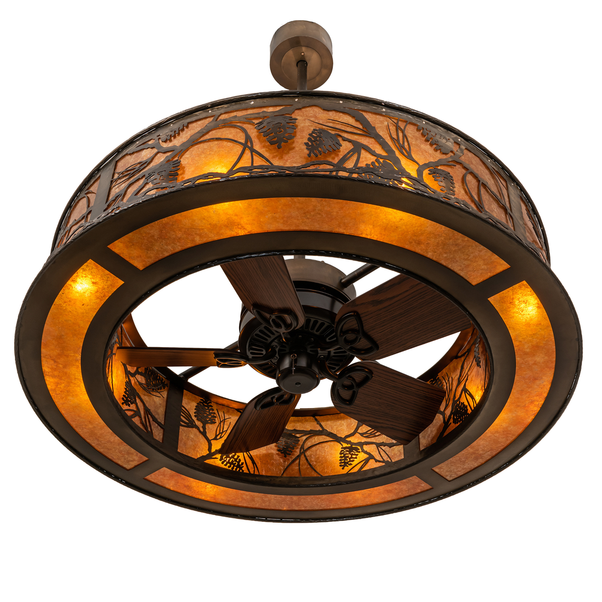Bottom angle view showing integrated fan with glowing amber surround.