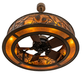 Bottom angle view showing integrated fan with glowing amber surround.