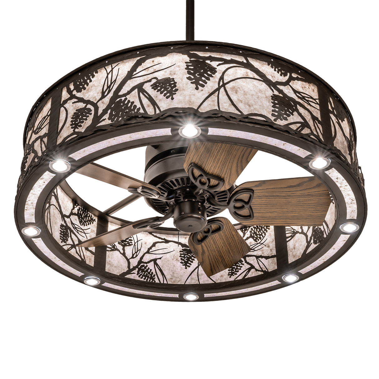 Bottom angle view of fan blades and integrated LED ring lights.