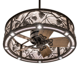 Bottom angle view of fan blades and integrated LED ring lights.